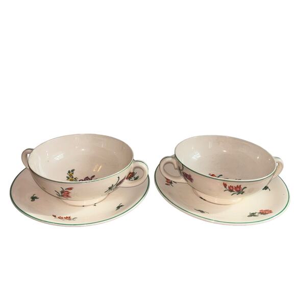 Bristol England Vintage Pair 2 Handle Bowl  & Saucer Floral Pattern Reproduction - Picture 1 of 8